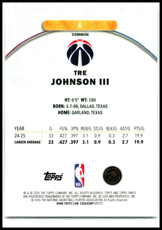 2025-26 Finest #6 Tre Johnson III Rookie Washington Wizards