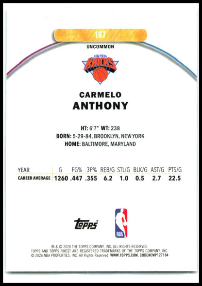 2025-26 Finest #197 Carmelo Anthony New York Knicks