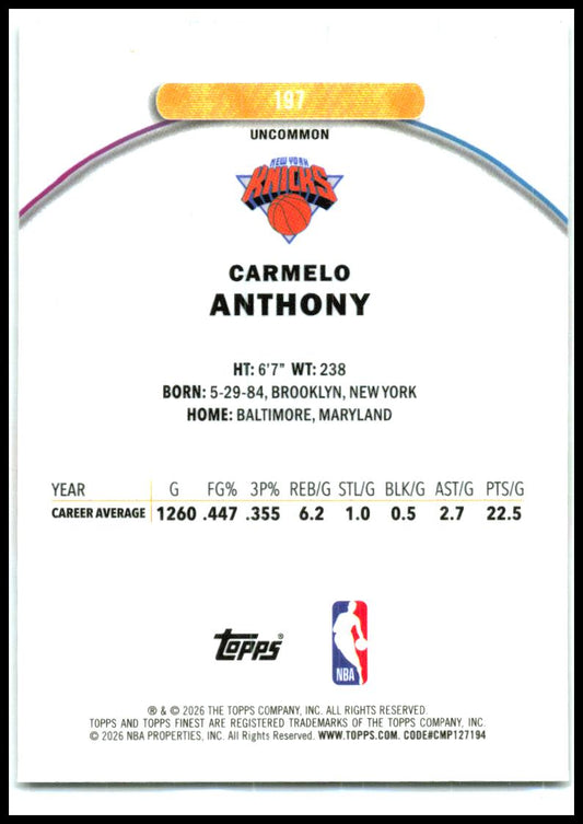 2025-26 Finest #197 Carmelo Anthony New York Knicks