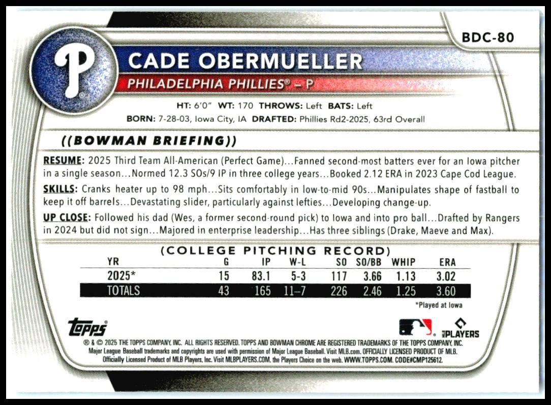 2025 Bowman Draft Chrome Sky Blue Refractor #BDC-80 Cade Obermueller Phillies