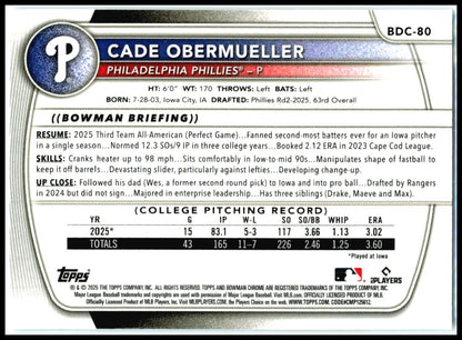 2025 Bowman Draft Chrome Sky Blue Refractor #BDC-80 Cade Obermueller Phillies