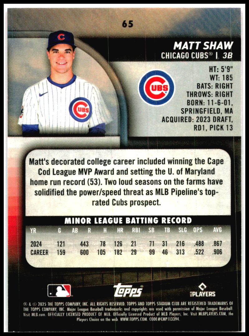 2025 Stadium Club Red Foil #65 Matt Shaw Rookie Chicago Cubs