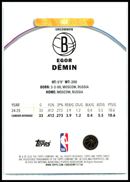 2025-26 Finest #108 Egor Dëmin Rookie Brooklyn Nets