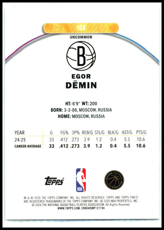 2025-26 Finest #108 Egor Dëmin Rookie Brooklyn Nets