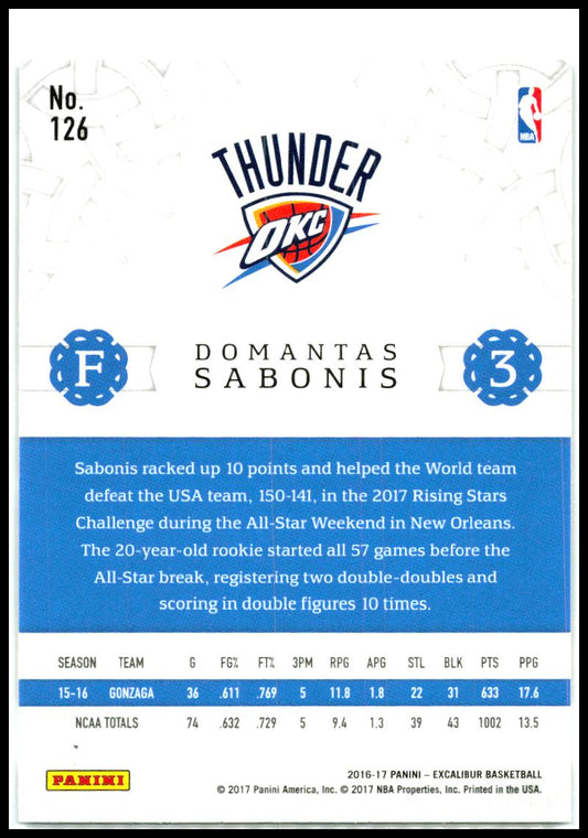 2016-17 Panini Excalibur Viscount #126 Domantas Sabonis Rookie Thunder