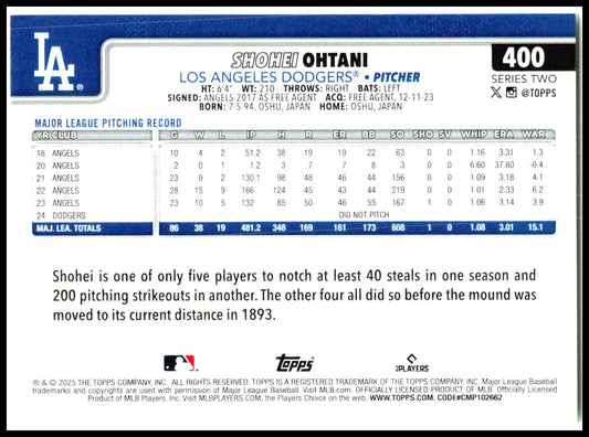 2025 Topps #400 Shohei Ohtani Los Angeles Dodgers