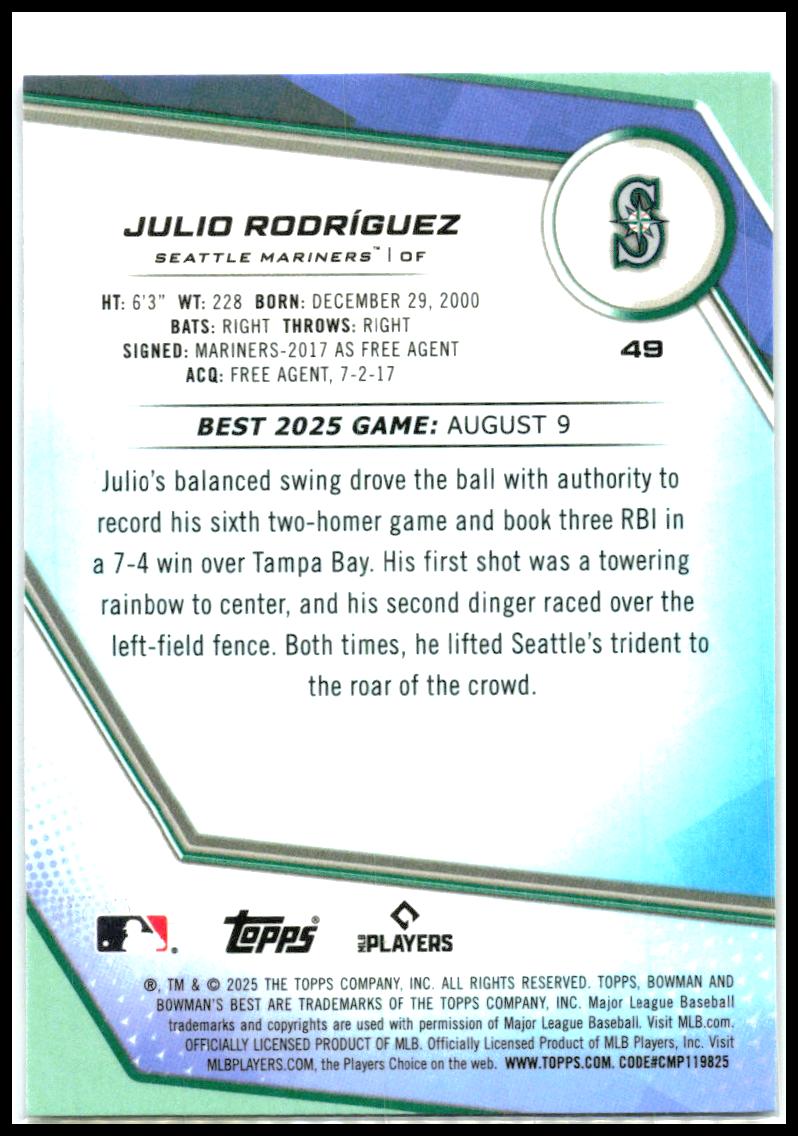 2025 Bowman's Best Purple Lazer Refractors #49 Julio Rodríguez Seattle