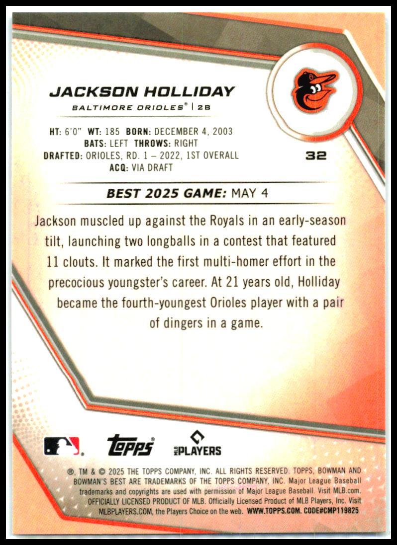 2025 Bowman's Best Blue Refractors #32 Jackson Holliday #/150 Baltimore Orioles