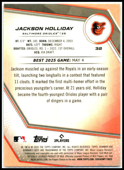 2025 Bowman's Best Blue Refractors #32 Jackson Holliday #/150 Baltimore Orioles