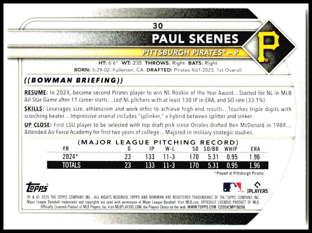 2025 Bowman #30 Paul Skenes Pittsburgh Pirates