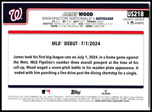 2025 Topps Update #US218 James Wood Washington Nationals