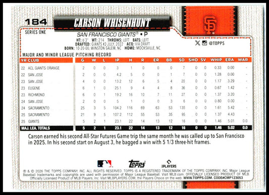 2026 Topps Celebration Confetti #184 Carson Whisenhunt San Francisco Giants