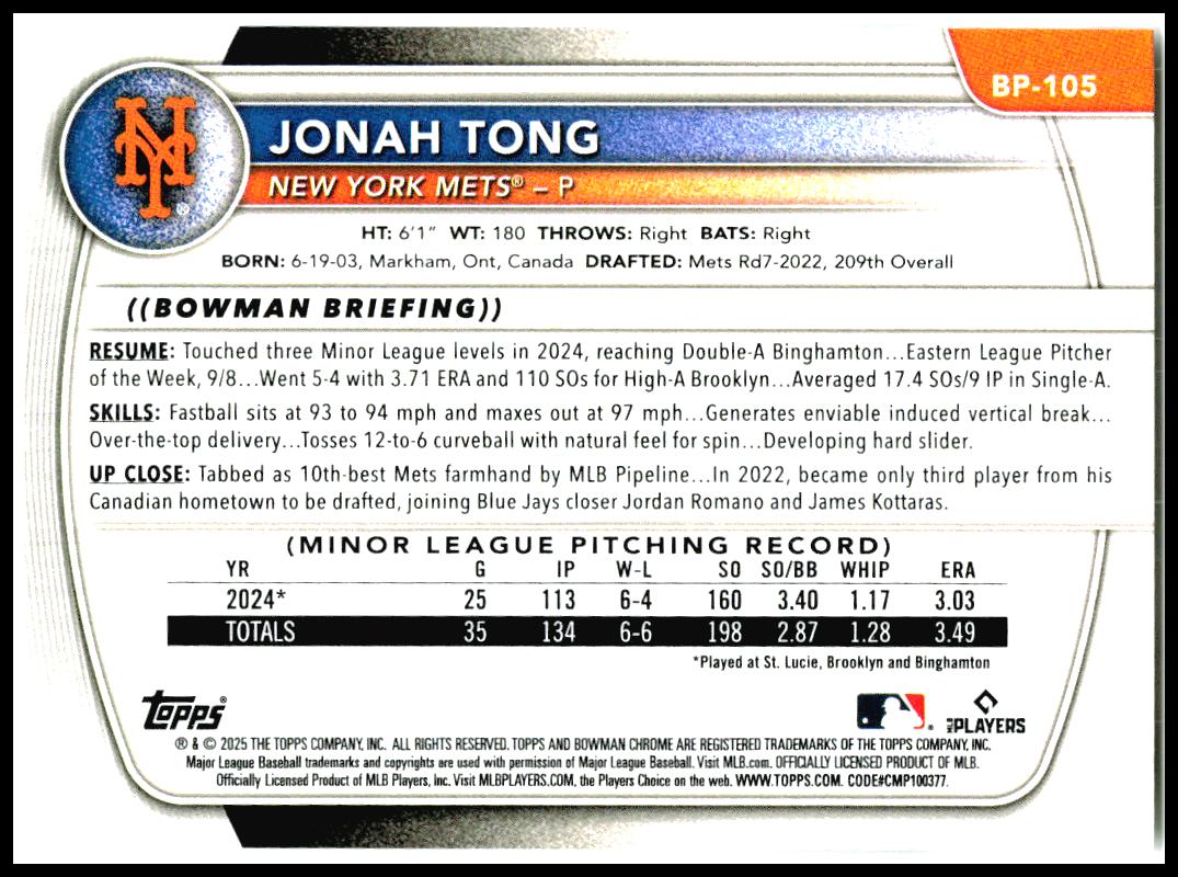 2025 Bowman Prospects #BP-105 Jonah Tong New York Mets