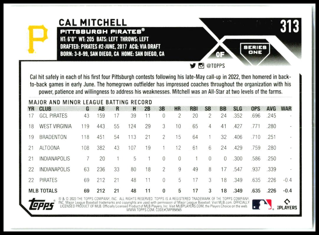 2023 Topps Gold #313 Cal Mitchell Rookie #/2023 Pittsburgh Pirates