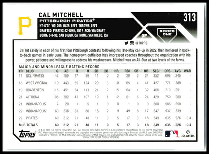 2023 Topps Gold #313 Cal Mitchell Rookie #/2023 Pittsburgh Pirates