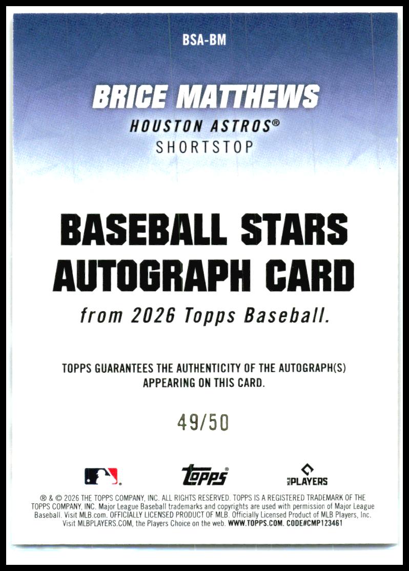 2026 Topps Baseball Stars Autographs Gold #BSA-BM Brice Matthews Auto Astros