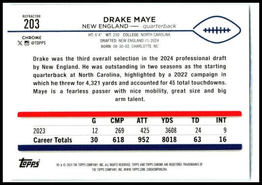 2024 Topps Chrome Refractor #203 Drake Maye Rookie New England Patriots