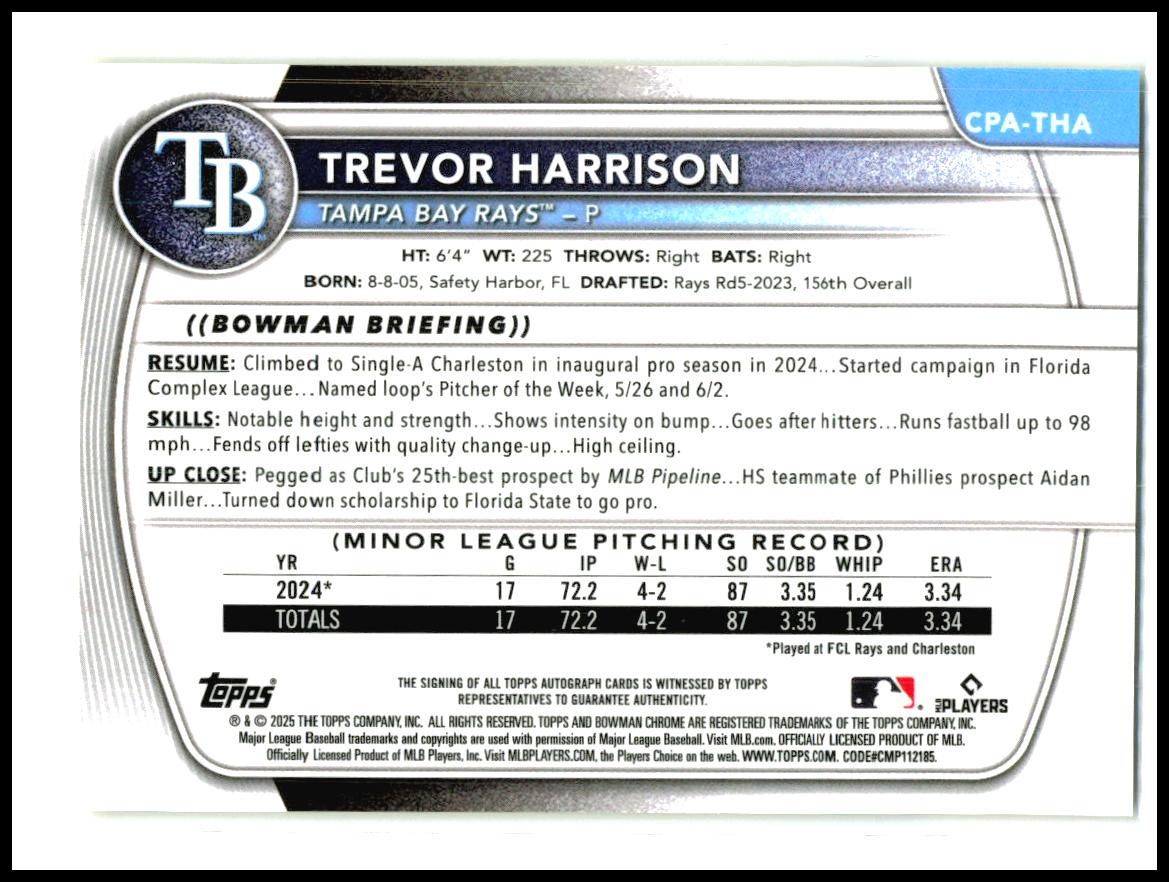 2025 Bowman Chrome Prospect Auto Yellow /75 #CPA-THA Trevor Harrison Auto Tampa