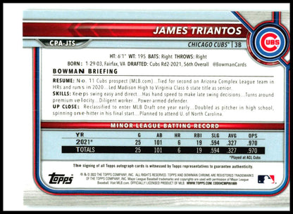 2022 Bowman Chrome Prospects Autographs #CPA-JTS James Triantos Auto Cubs
