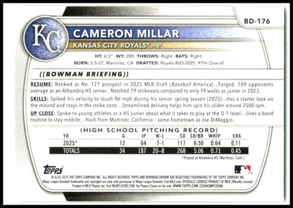 2025 Bowman Draft Gold Border #BD-176 Cameron Millar #/50 Kansas City Royals