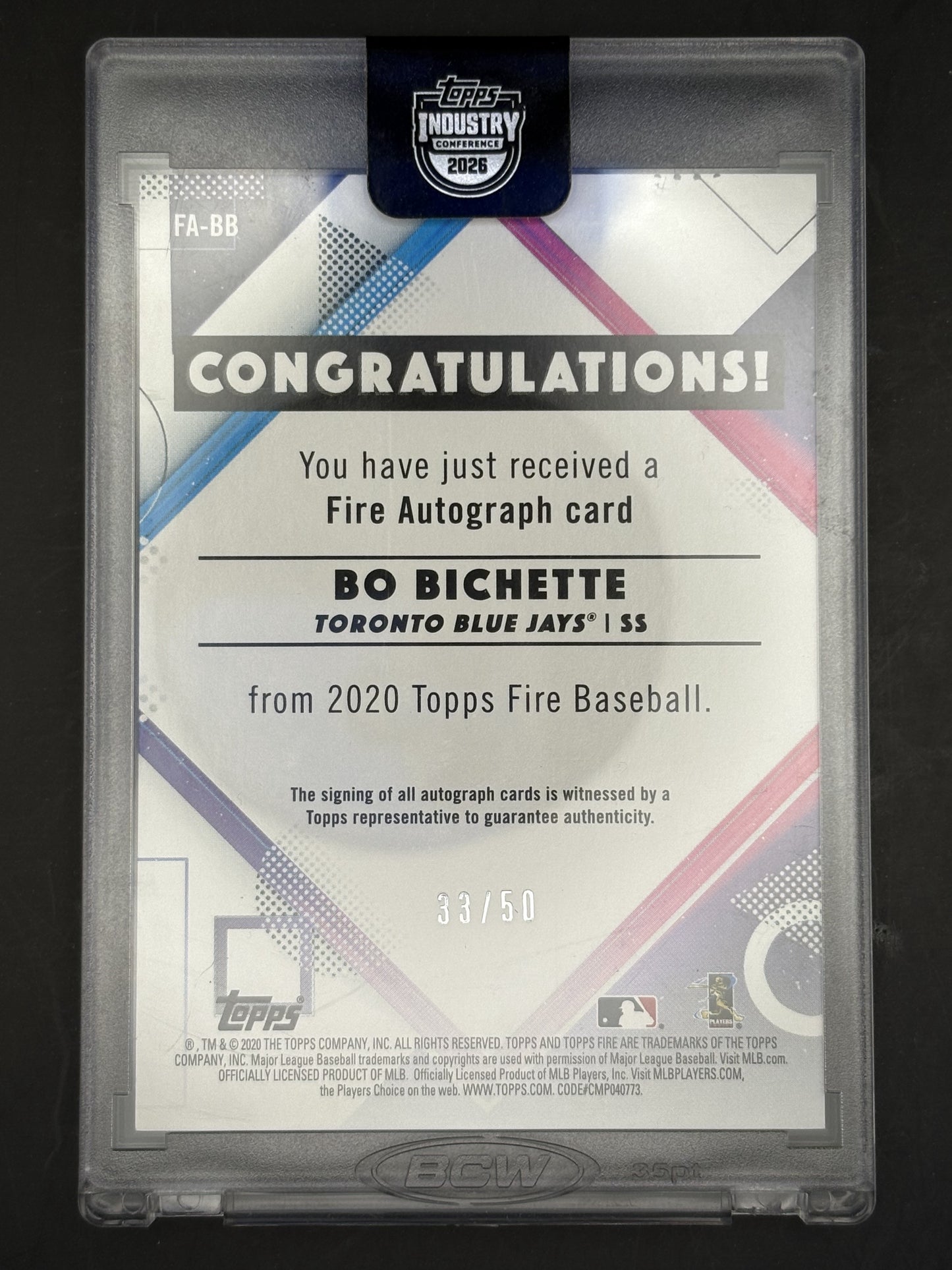 2020 Finest Finest Autographs Gold Refractor #FA-BB Bo Bichette Auto Toronto