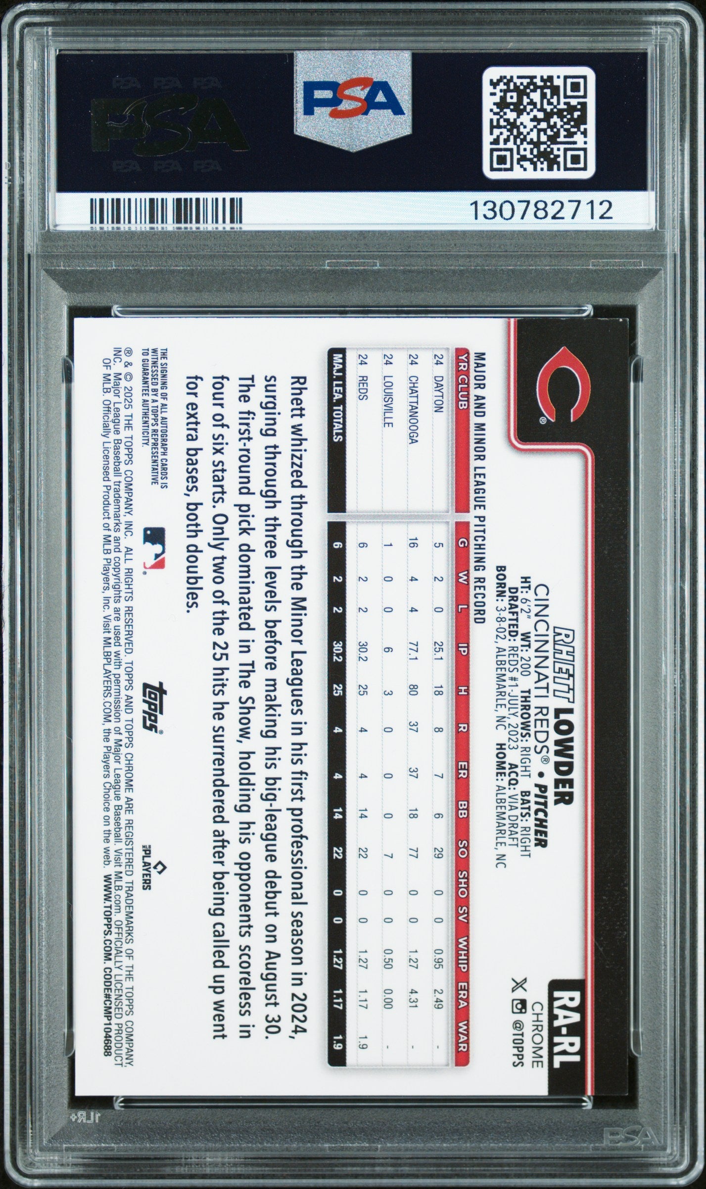 2025 Topps Chrome Rookie Autographs Rk Au-B&W Mn Dmd #RARL Rhett Lowder Auto
