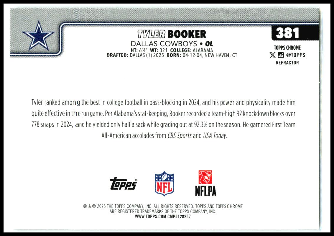 2025 Topps Chrome Refractor #381 Tyler Booker Rookie Dallas