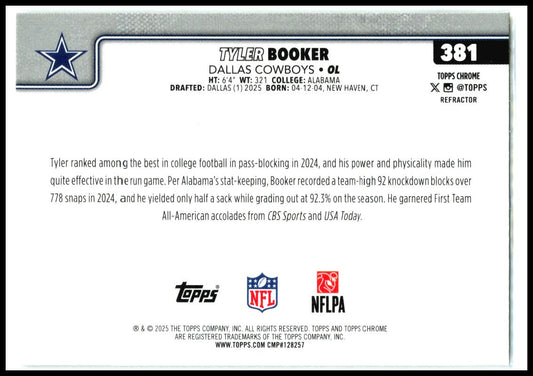 2025 Topps Chrome Refractor #381 Tyler Booker Rookie Dallas