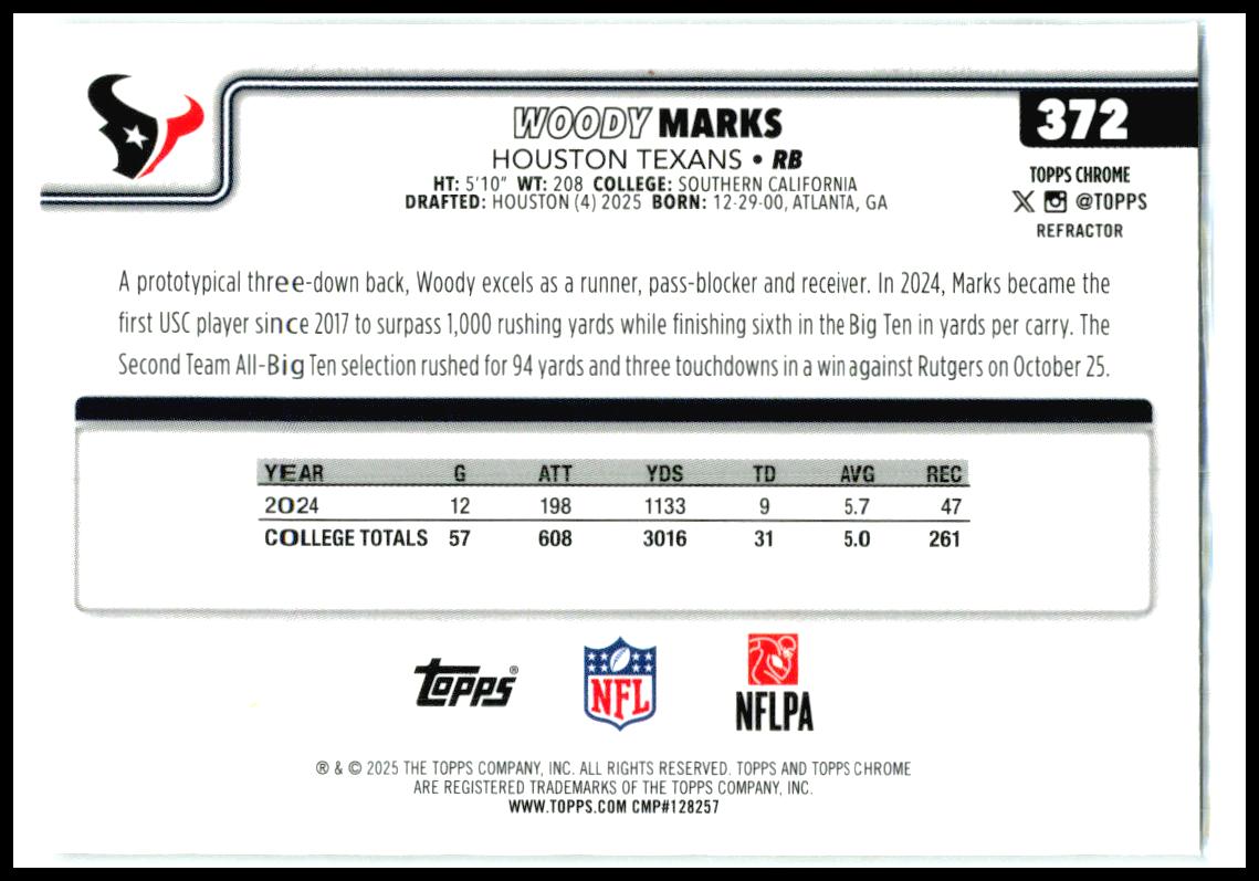 2025 Topps Chrome Refractor #372 Woody Marks Rookie