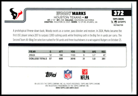 2025 Topps Chrome Refractor #372 Woody Marks Rookie