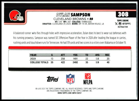 2025 Topps Chrome Refractor #308 Dylan Sampson Rookie