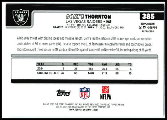 2025 Topps Chrome Refractor #385 Dont'e Thornton Rookie