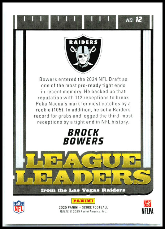 2025 Score League Leaders #12 Brock Bowers Las Vegas Raiders