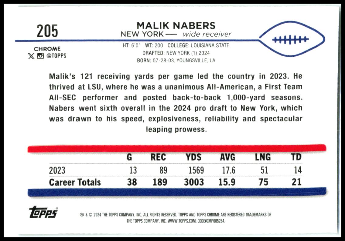 2024 Topps Chrome Sepia Refractor #205 Malik Nabers Rookie New York Giants