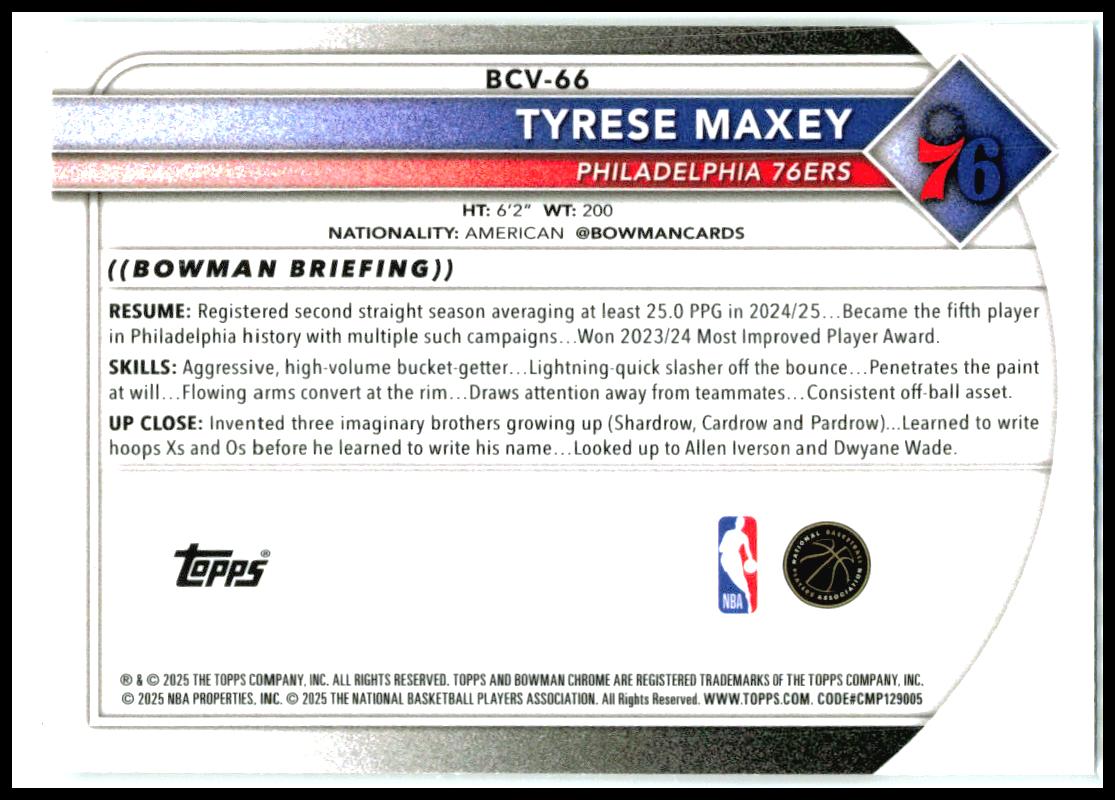 2025-26 Bowman Chrome #BCV-66 Tyrese Maxey Philadelphia 76ers