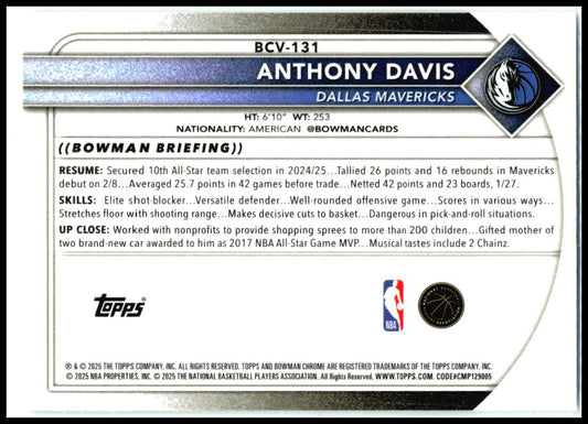 2025-26 Bowman Chrome #BCV-131 Anthony Davis Dallas Mavericks