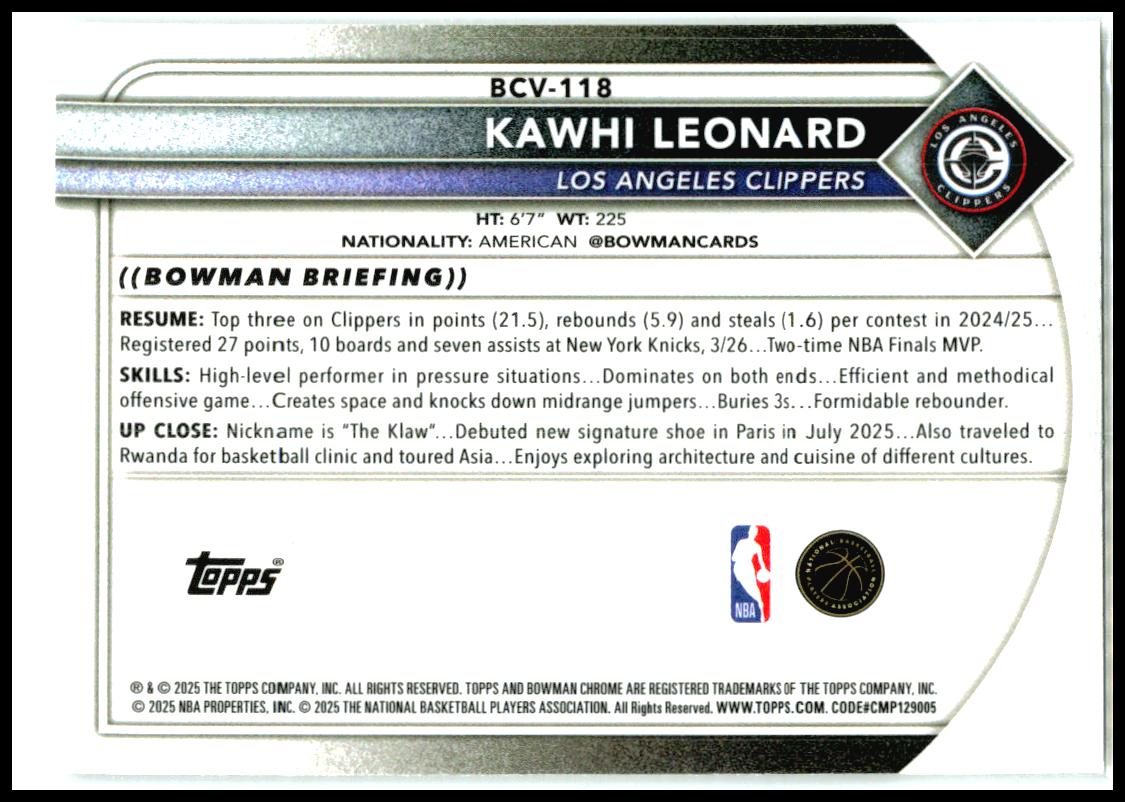 2025-26 Bowman Chrome #BCV-118 Kawhi Leonard Los Angeles Clippers