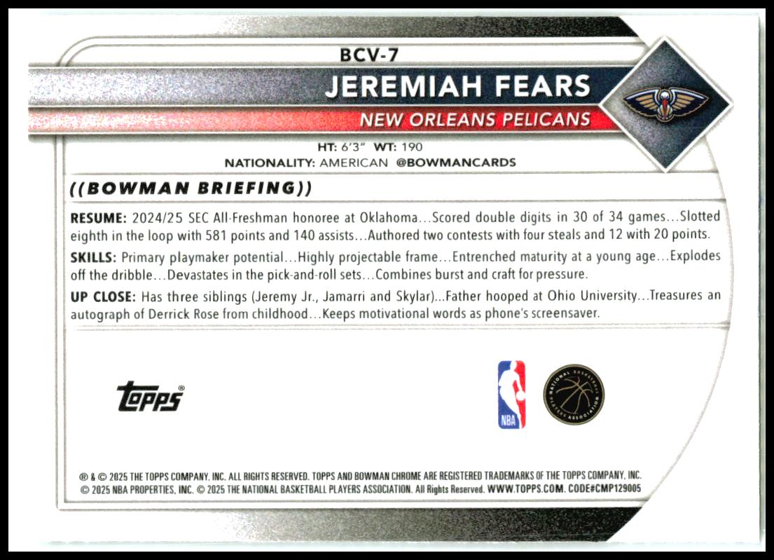 2025-26 Bowman Chrome #BCV-7 Jeremiah Fears New Orleans Pelicans