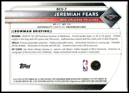 2025-26 Bowman Chrome #BCV-7 Jeremiah Fears New Orleans Pelicans