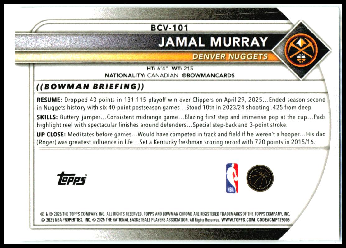2025-26 Bowman Chrome #BCV-101 Jamal Murray Denver Nuggets