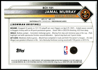 2025-26 Bowman Chrome #BCV-101 Jamal Murray Denver Nuggets