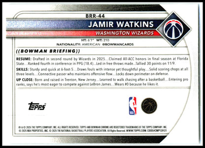 2025-26 Bowman Red Rookie Variations #BRR-44 Jamir Watkins Washington Wizards