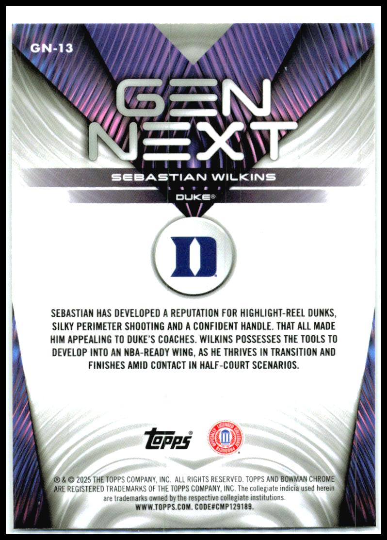 2025-26 Bowman Gen Next #GN-13 Sebastian Wilkins Duke Blue Devils