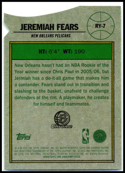 2025-26 Bowman Rookie Of The Year Favorites #RY-7 Jeremiah Fears Pelicans