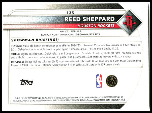 2025-26 Bowman #135 Reed Sheppard Houston Rockets