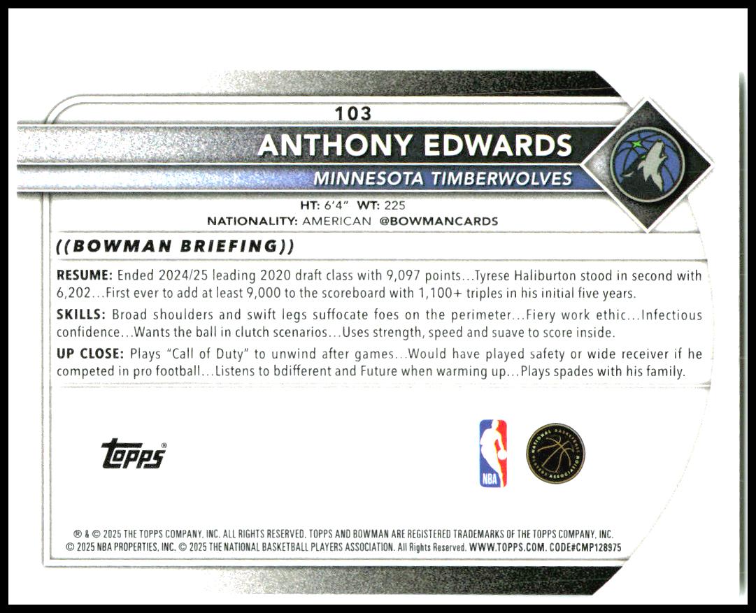 2025-26 Bowman #103 Anthony Edwards Minnesota Timberwolves