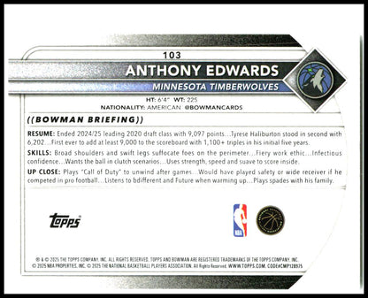 2025-26 Bowman #103 Anthony Edwards Minnesota Timberwolves