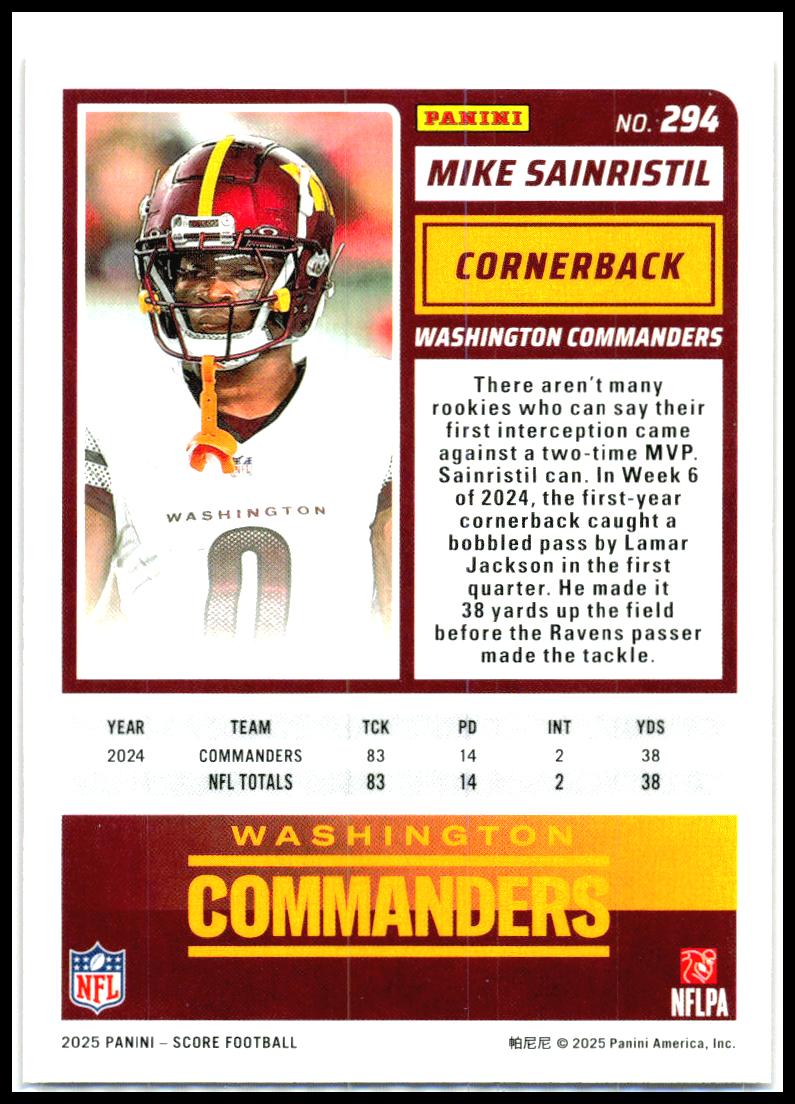2025 Score #294 Mike Sainristil Washington Commanders