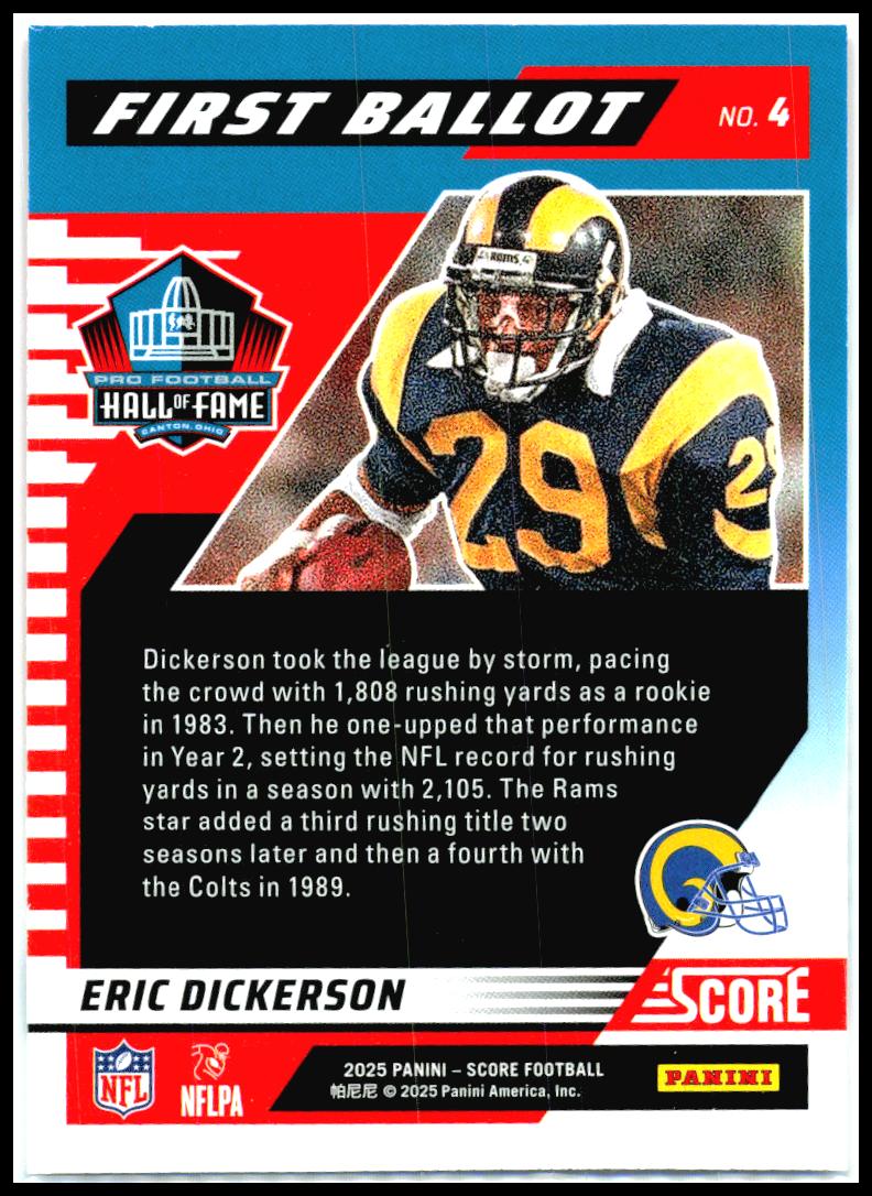 2025 Score First Ballot #4 Eric Dickerson Los Angeles Rams