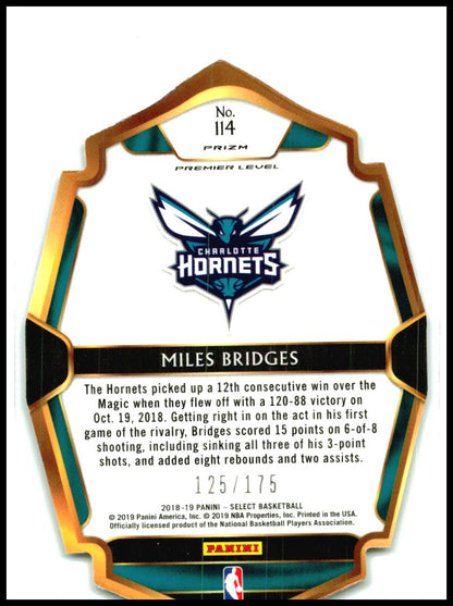 2018-19 Panini Select Maroon Prizms Die Cut #114 Miles Bridges Rookie Hornets